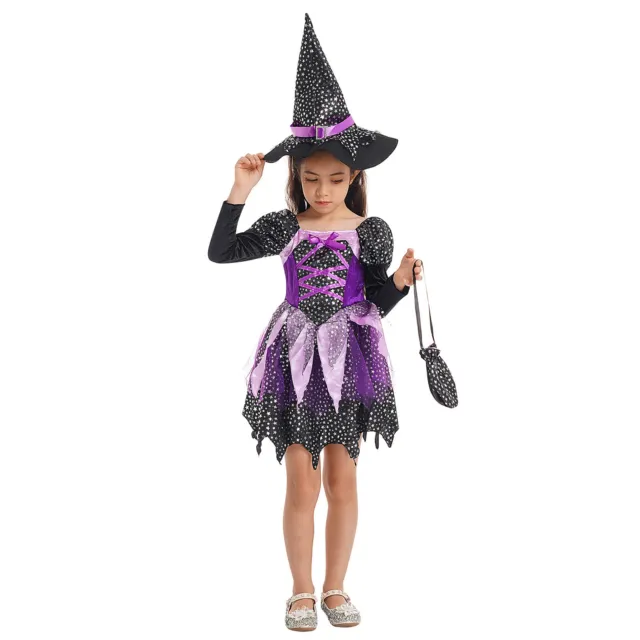 Costume da strega bambine Halloween tutù abito cosplay festa set abito elegante