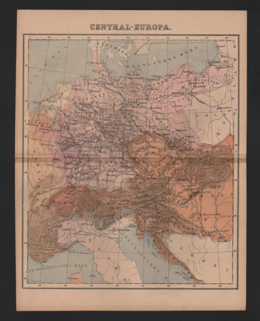 Landkarte map 1885: Zentral-Europa. Österreich Schweiz Nord-Italien Belgien