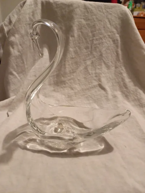 Vintage Hand Made Clear Art Glass ?crystal Swan Trinket Dish Figurine