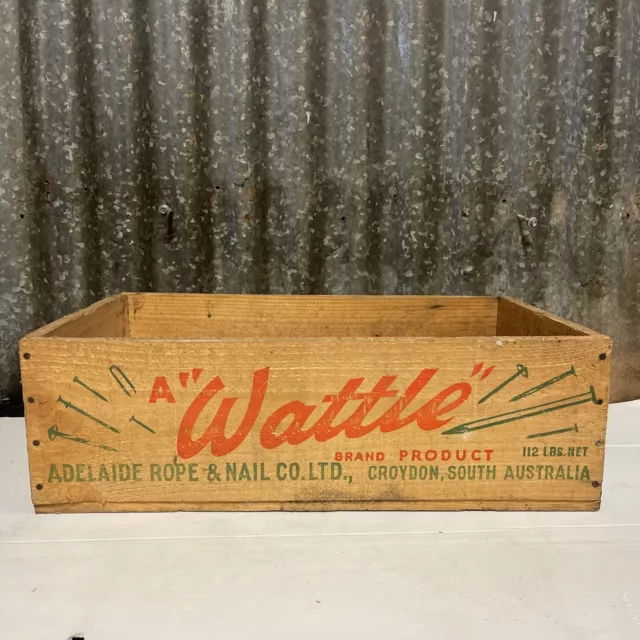 WATTLE BRAND NAIL Co. Adelaide. Vintage Rustic Wooden Box Crate Carrier
