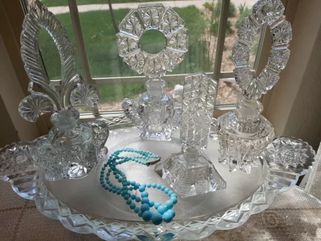 Vintage Czech Daisy & Button Perfume Vanity Set, Matching Tray! An OLD BEAUTY!!!