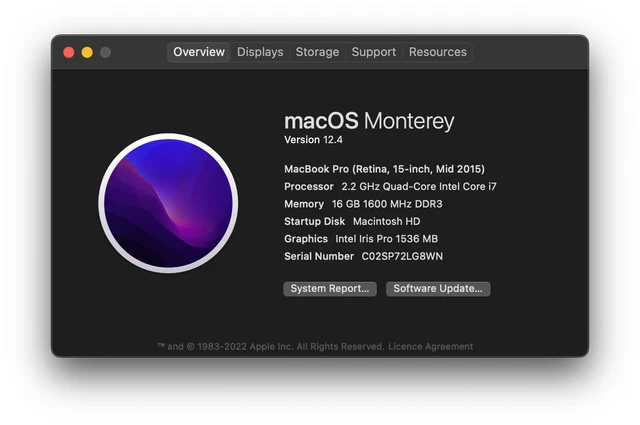 Apple MacBook Pro Retina 15.4" Mid 2015 - 1TB SSD,16GB Ram,2.2GHz Core i7, A1398