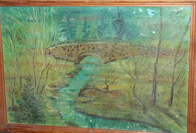 Antique oil painting picturesque old bridge in the mountain landscape