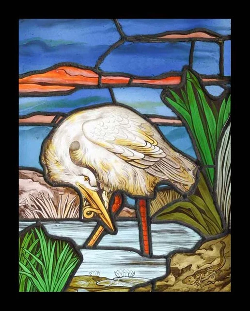 Awesome Painted Antique Lakeland Heron English Stained Glass Window