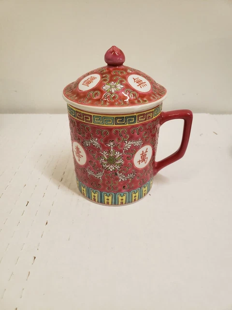 Chinese Porcelain Famille Rose Red Mug Jingdezhen Mun Shou Mug With Lid