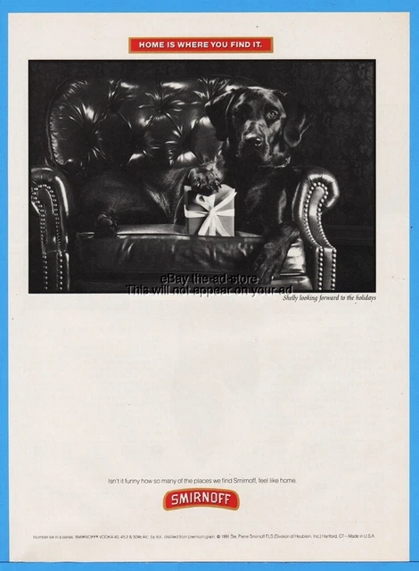 1992 Smirnoff Home Is Where You Find It Labrador Dog Gift Box Leather Chair Ad