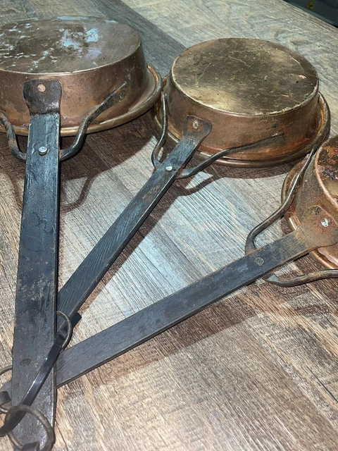 19th Century Antique Hand Forged Copper Pans Set Of 3 Handmade Primitive 3