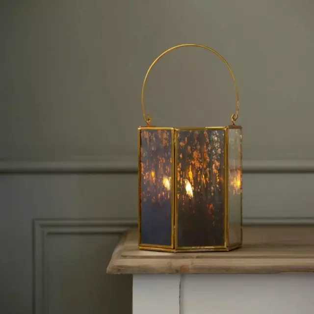 Brass & Glass Mirrored Lantern Hurricane w/ Handle, Pillar Candle Holder, Rustic