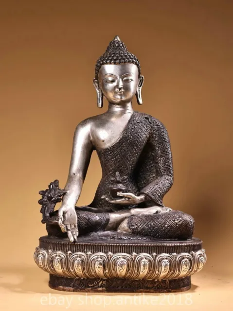 12.8 "Old Tibet Silver Buddhism Sit Menla Medicine Buddha Medical God Statue