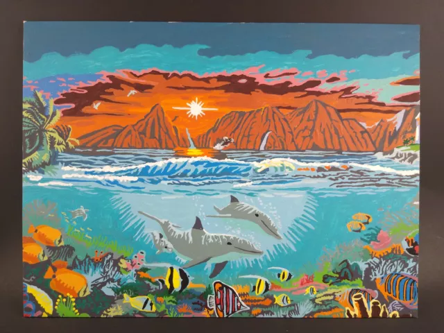 Vintage Paint by Number Completed Dolphins Fish Underwater Ocean Scene Unframed