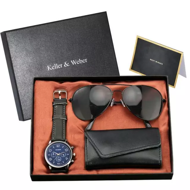 Creative Men's Sunglasses Leather Key Holder with Quartz Watch Best Gift Set