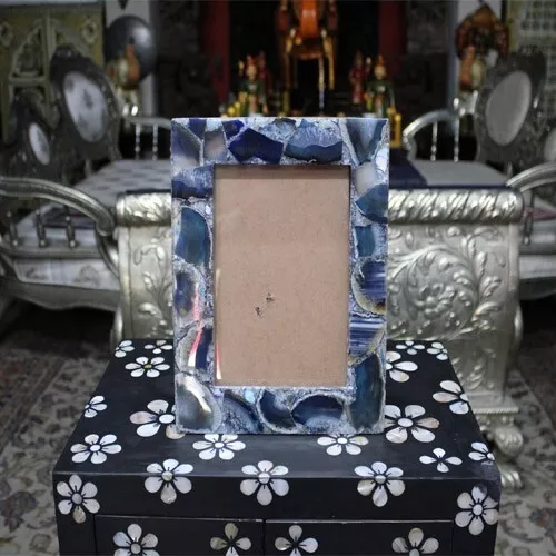 Blue Agate Photo Frame Natural Stones Handmade Work Home Decor Gift