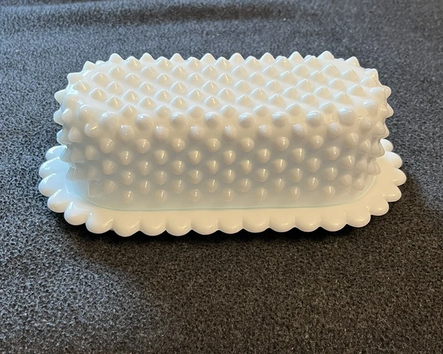 Vintage Fenton White Milk Glass Hobnail Covered Butter Dish Scalloped Edge