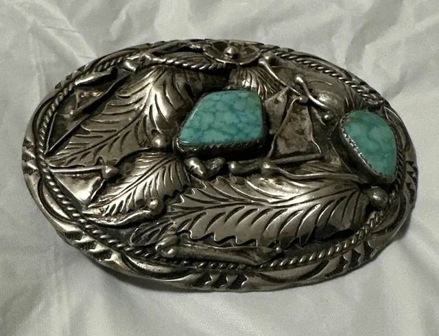 Gilbert Ortega? Sterling Silver Turquoise Belt Buckle Signed HMIJ