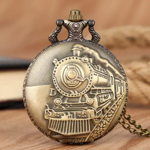 Vinatge Train Locomotive Men Analog Quartz Pocket Watch Necklace Chain Gifts