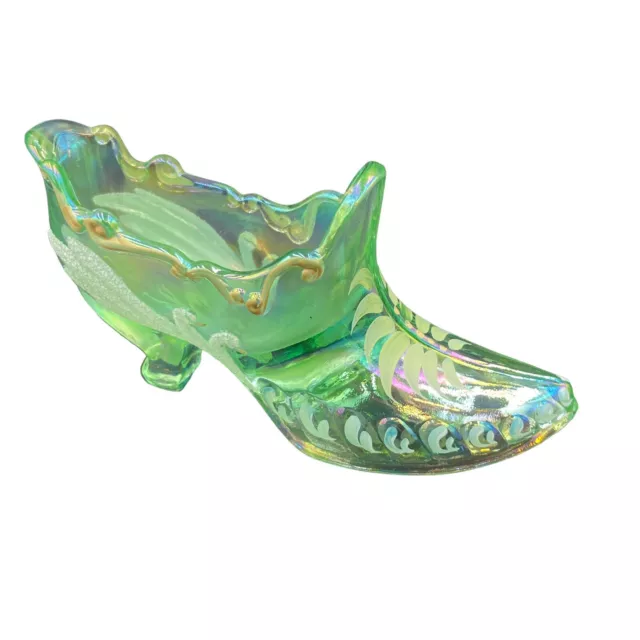 Vintage Fenton Hand Painted Swans Light Green Iridescent Shoe Signed J Drayer