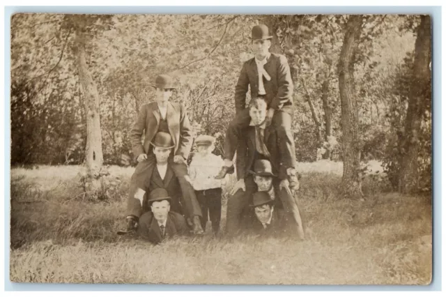c1910's Seven Men And Child In Pyramid Pose Trees RPPC Photo Antique Postcard
