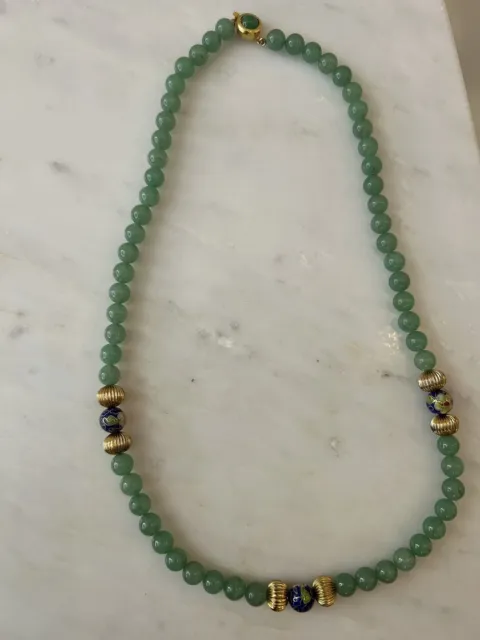 Green Jade W/Floral Enamel Cloisonné & Gold Beads Vintage Necklace 23”