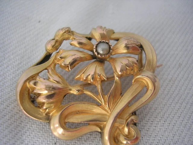 1900 FRENCH ART NOUVEAU brooch BROCHE perles FIX plaqué or 18 ct PERLE CULTURE !