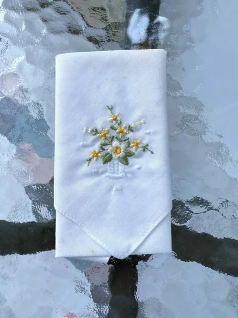 Vintage Estate Piece Ladies White Cotton Handkerchief w Embroidered Flowers Vase