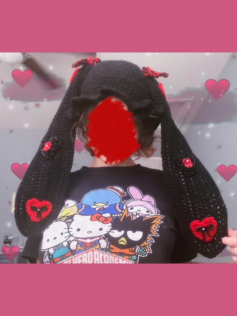 Handmade Crochet bunny ear ruffled bucket hat, heart themed (black and red)