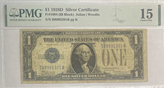 1928-D $1 Silver Certificate, Fr-1604, Key Date, Pmg Ch Fine-15, Honest & Fresh!