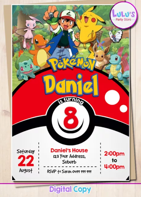 DIGITAL Pokemon Birthday Party Invitation Invite Personalised Poke Mon Pikachu