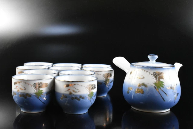 M1798: Japanese Arita-ware Gold paint Crane Sencha TEAPOT & CUPS, auto