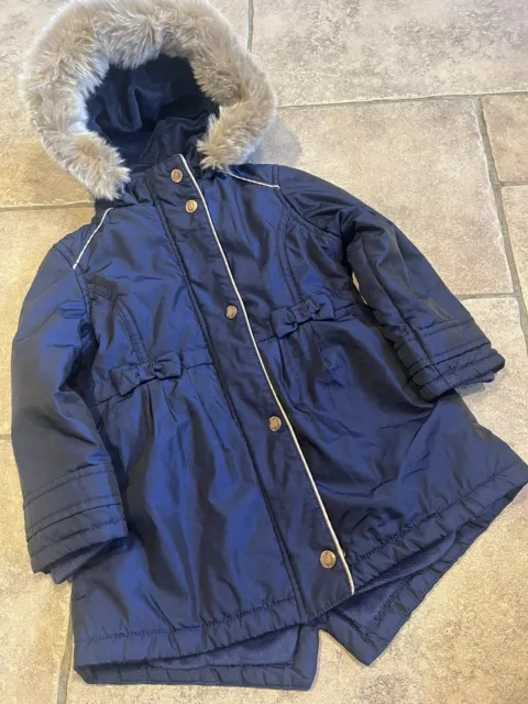 Ted Baker Girls Navy Blue Padded Quilted Warm Fur Trim Coat Age4 Years Perfect