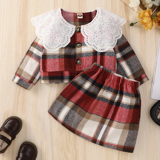 Set abiti a scacchi per bambine maniche lunghe top gonna abiti 0-6T 2
