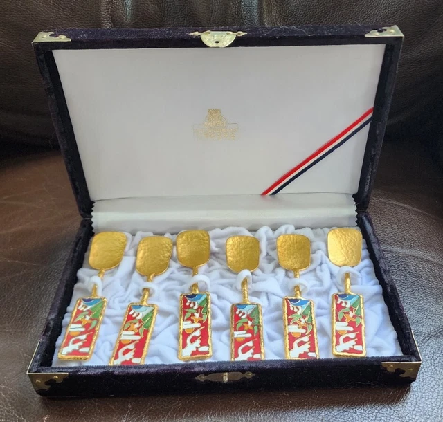 Set of 6 Asian cloisonné style rice paddles tea spoons in box Miri Hotel Lotte