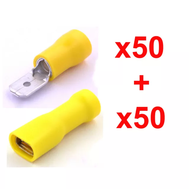 100x Yellow Insulated Spade Electrical Crimp Connectors- Mixed Male & Female New