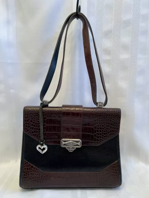Vintage Brighton Black Leather Shoulder Bag with Brown Croc Embossed Panel