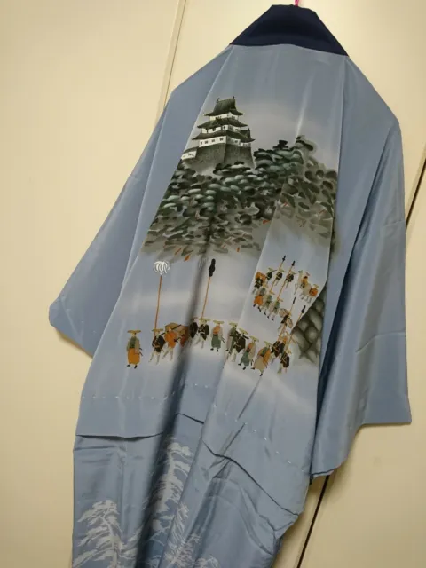 Men's Japanese Kimono NAGA-JUBAN Plyester Samurai Castle Blue Haori