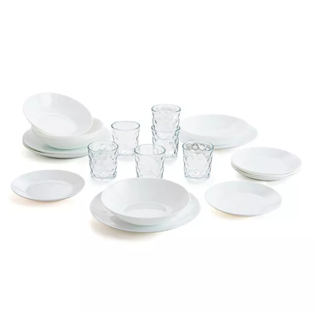 Weißes Tafelservice für 6 Personen, 18 Teile + Set mit 6 Gläsern aus Glas 26c...