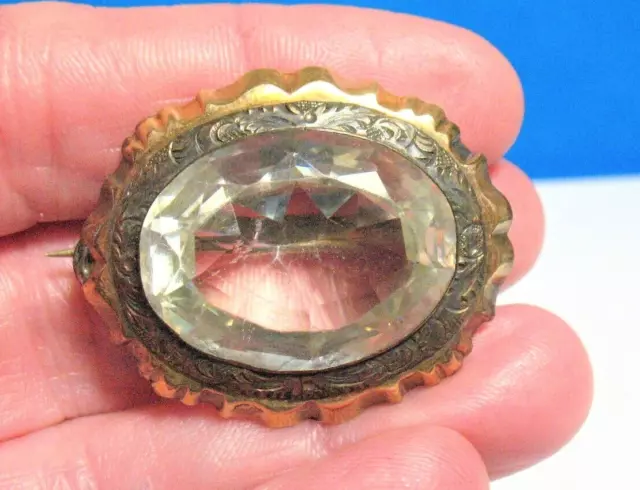 Sterling Silver Gold Large Clear Stone Victorian Pin Brooch 15.5 Grams