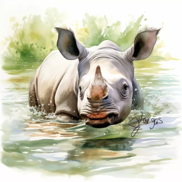 Watercolor Rhinoceros Painting Art Print 8x11 inch