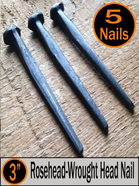 (5) 3" - Rosehead Nails - Wrought Head Iron Antique Vintage Look - 10d