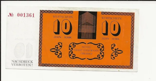 10 Mark Hotelgeld  Wertschein DDR Hotel Ernst Thälmann Oberhof  ohne Datum  aUNC