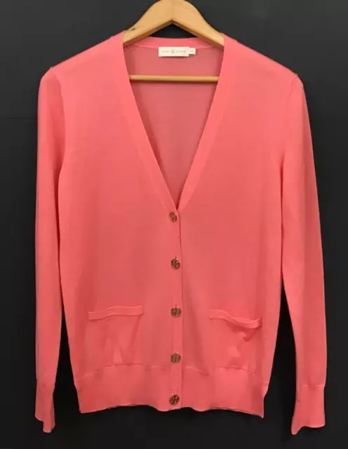 NEW Tory Burch 100% Merino Wool Salmon Pink Cardigan Sweater Gold-Buttons Size M
