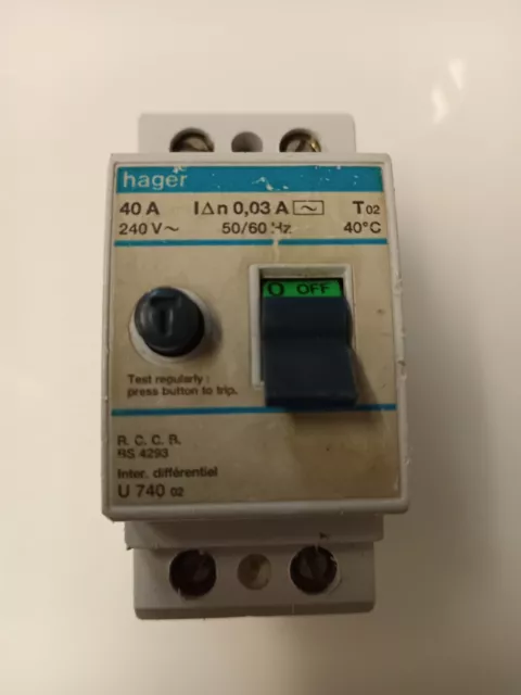 HAGER 40 AMP 30mA DOUBLE POLE RCD TYPE AC U740 U2 20469