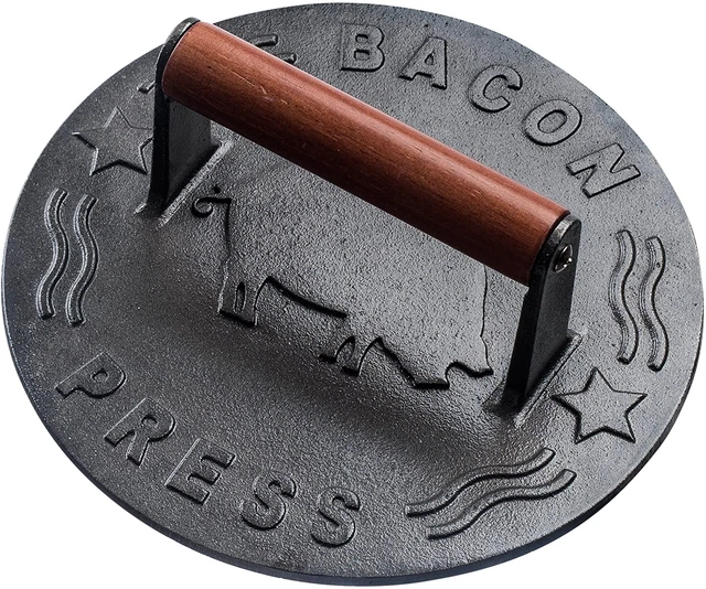 Cast Iron Grill Press Heavy Duty Bacon Press with Wood Handle 8.75 Inch Round