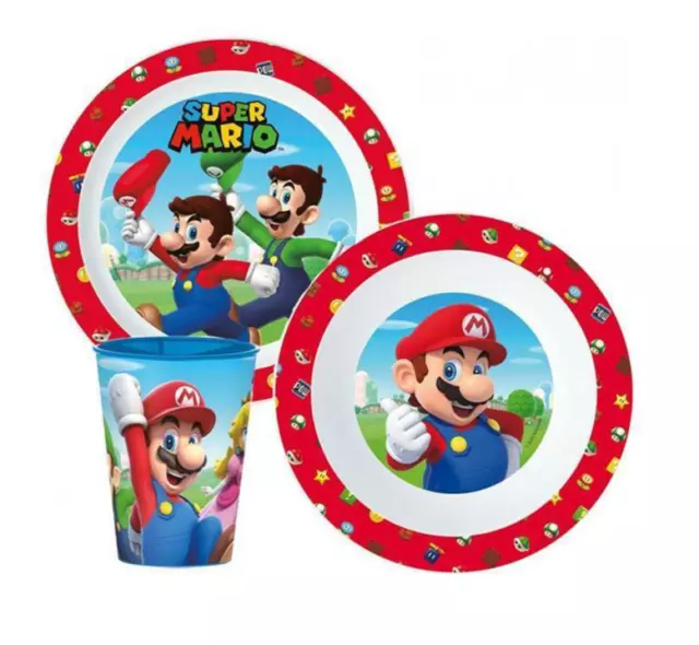 Super Mario Childrens Kids Toddlers 3 Pc Dinner Breakfast Set Plate Bowl Cup