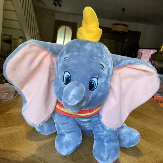 Doudou Grande Peluche Dumbo Éléphant Bleu Gris 45 Cm Disney Bonnet Jaune Coleret