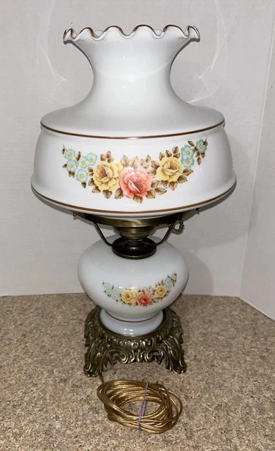 Vintage Milk Glass Parlor Table Lamp Rose Pink Yellow Blue Flowers 3 Way Brass