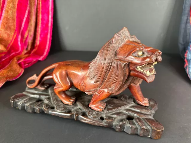 Old Chinese Carved Wooden Lion on Pedestal with Inlaid Eyes …beautiful collecti