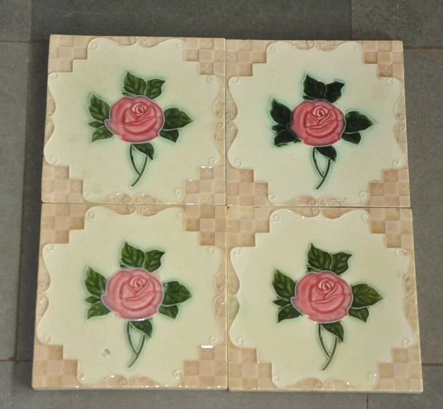 4 Pc Vintage D.K Rose Flower Embossed Decorative Art Ceramic Tiles , Japan