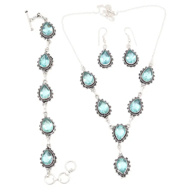 Swiss Blue Quartz  Gemstone 925 Silver Plated Jewelry Necklace Set 18-20''