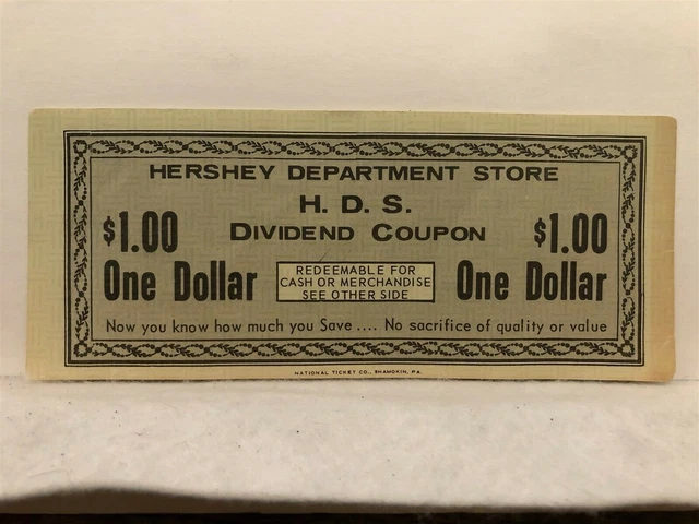 1950 S 1960 S HERSHEY Department Store Dividend Coupon Pennsylvania PA 