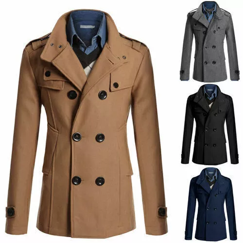 Mens Winter Trench Coat Double Breasted Warm Tops Jacket Formal Overcoat Outwear